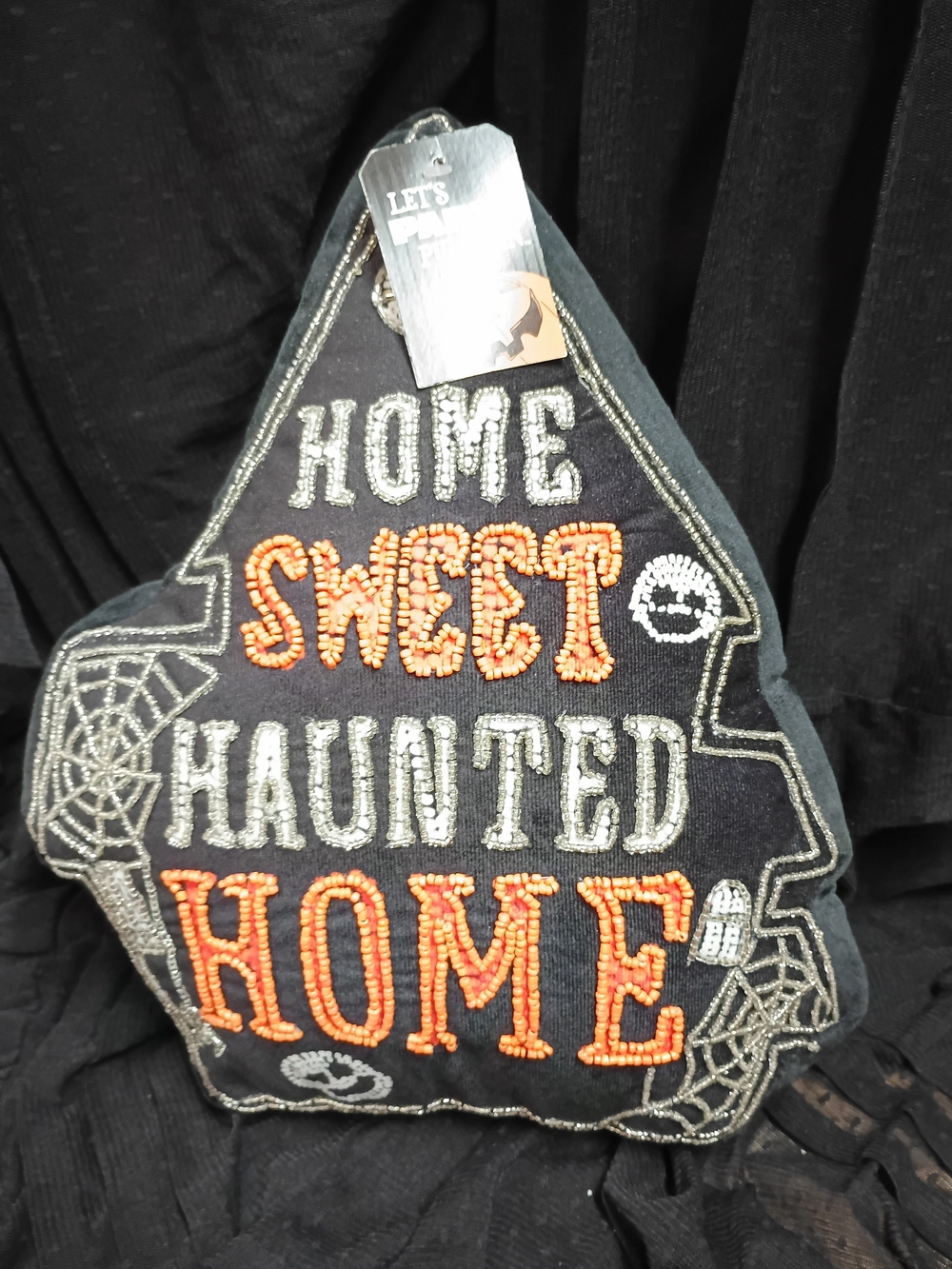Home Sweet Haunted Home Beaded Halloween Pillow - Black & Orange